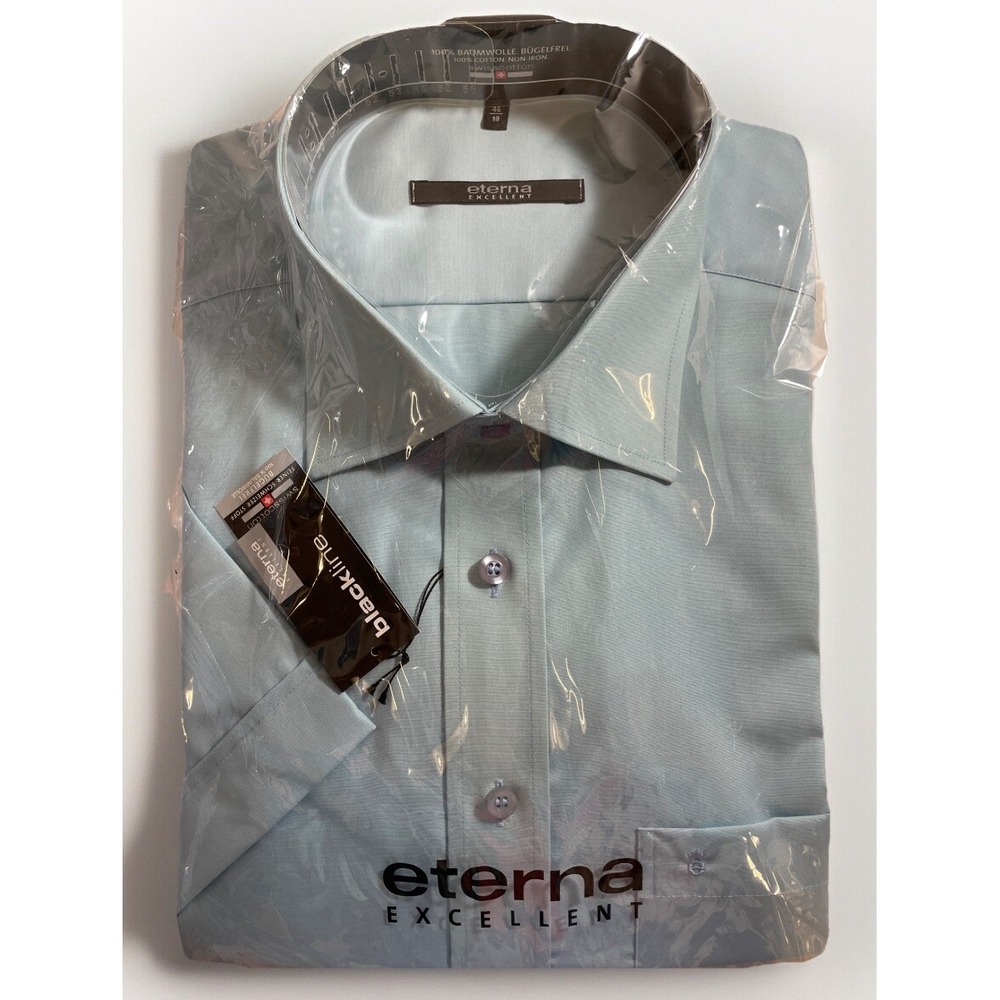 Eterna Mens Size 46/18 Blue Short Sleeve Business Dress Shirt New‎ In Package